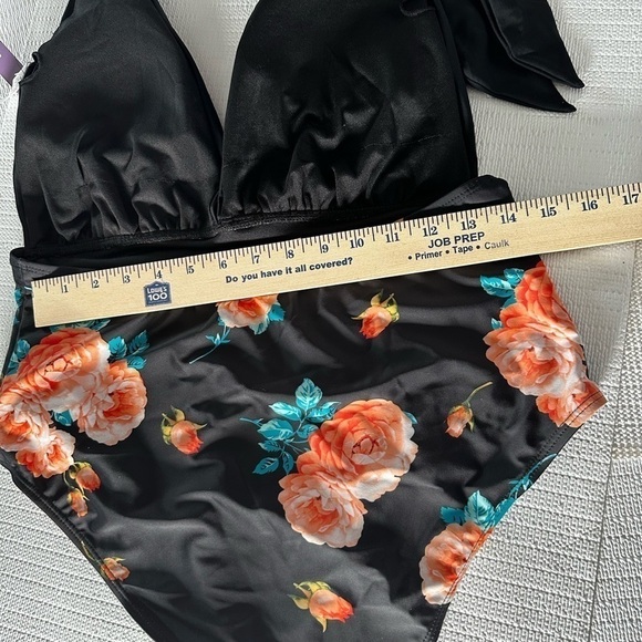 FLORAL SWIMSUIT XL One Piece Halter Back Out Deep V Neck Plunge Wireless Women - Picture 11 of 12